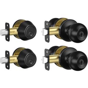 Estmoon 2 Pack Exterior Door Lock Set Matte Black Door Locks for Front Door | Keyed Alike Deadbolt Lock, Stainless Steel Single Cylinder Door Knobs with Lock, for Interior/Exterior,Easy to Install,6 Keys