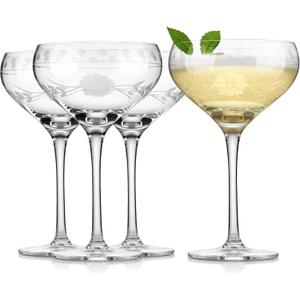 Delight Glasses, 10.8 ounces, Set of 4, Unique Vintage Style Glass Set with Decorative Etching, Dishwasher Safe. (Coupe Glasses)