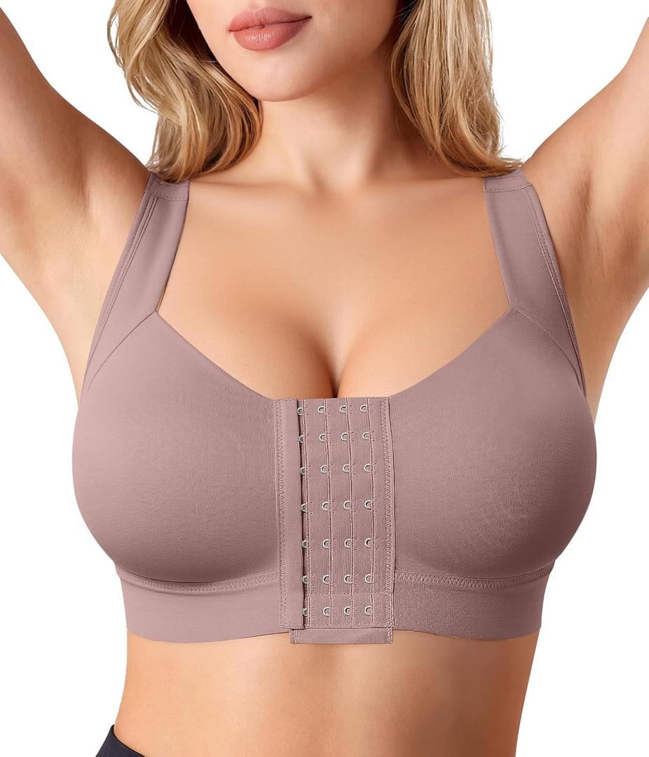 BRABIC Front Closure Post Surgery Compression Bras for Women Mastectomy Bra with Adjustable Straps Wirefree Bra (XX-Large, Purple Brown)