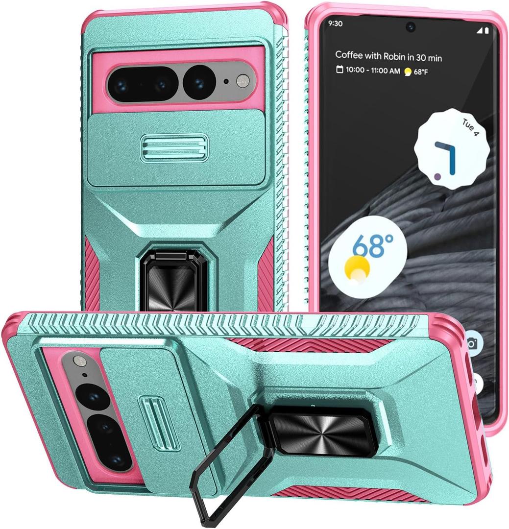 For Pixel 7 Pro Case,with Sliding Camera Lens Cover,HD Screen Protector, 360 Rotating Ring Kickstand, AYMECL Military-Grade Shockproof Protective Cover for Google Pixel 7 Pro, Mint, Pink