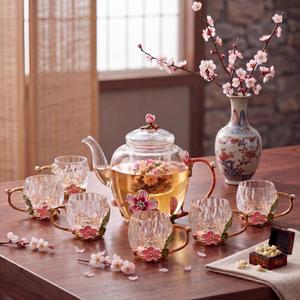 Maxdot Floral Glass Tea Set, 51 oz Teapot with 6 Cups, Plum Blossom, Teapot: about 51 oz/ 1500 ml