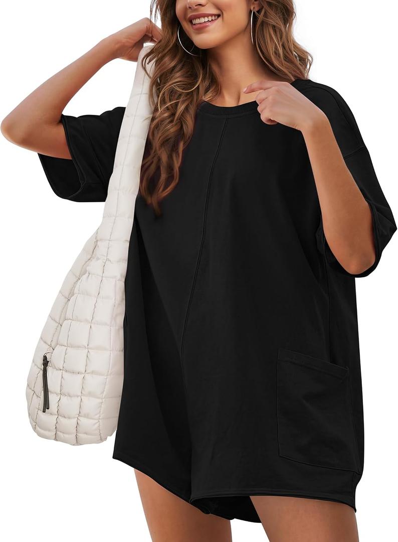 Rompers for Women Casual Romper Shorts Oversized One Piece Outfit | Athletic Tshirt, Short Sleeve, Wide Leg, Side pockets (Black, M)