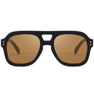 FEISEDY Vintage Aviator Sunglasses Double Bridge Women Men Large Square Thick Frame Trendy Eyewear UV400 B2846 (Black Frame & Tea Lens)