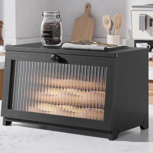 Kitsure Bread Box - Wooden Bread Box for Kitchen Countertop, Large Capacity Kitchen Countertop Organizer, Stylish Bread Storage with Window, Multi-functional Container, Black, 15.0"x8.3"x9.1" (1T)