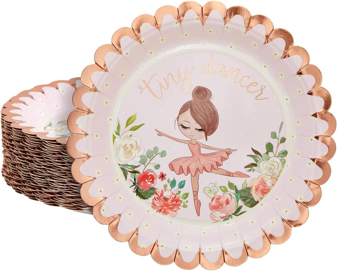 BLUE PANDA 48 Pack Pink Tiny Dancer Ballerina Plates with Scalloped Foil Edges for Girl's Ballerina Birthday Party Decorations (7 In)