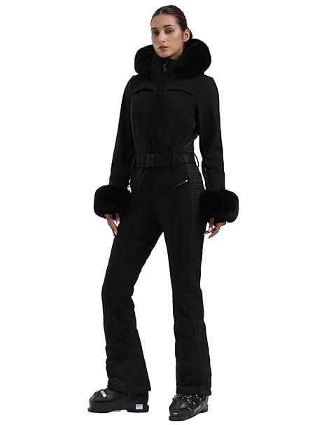 GSOU SNOW Ski Suit Women One Piece Snowsuit Slim Ski Jumpsuit Faux Fur Snowboard Waterproof Windproof Insulated Warm Hooded M