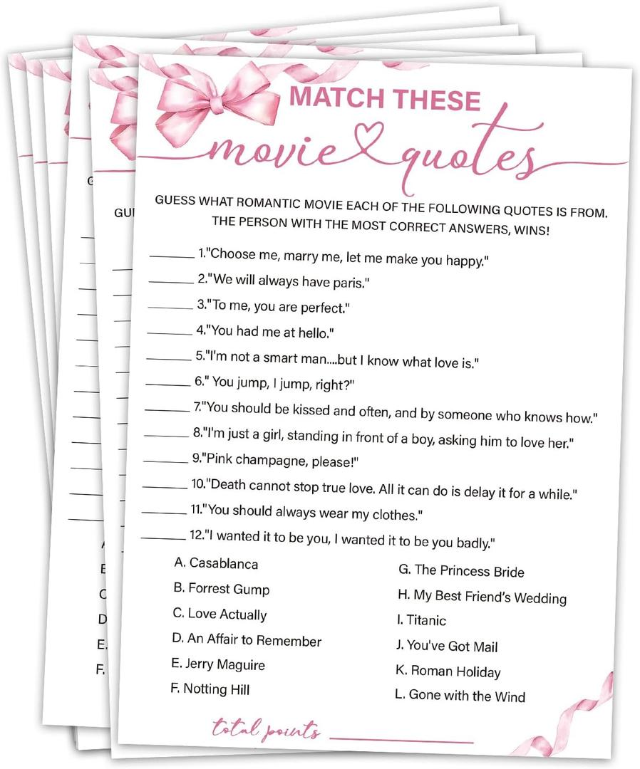 3 x Bridal Shower Games 30 Guests, Match These Movie Quotes Bridal Shower Wedding Games for Reception, Rehearsal Dinner Engagement Party Activities Game Card/HL 015, (Mix)