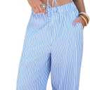 EXLURA Womens 100% Cotton 2 Piece Outfits Stripe Drawstring Crop Tank Tops Wide Leg Pant Sets Faux Linen Summer Cruise Beach (Blue, L)