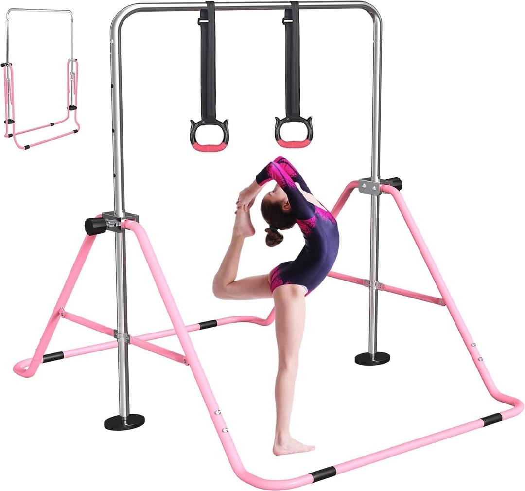 FBSPORT Gymnastics Bar for Kids, Adjustable Height Gymnastic Horizontal Bars,Junior Training Bar Children Folding Training Monkey Bars for Home Using (Pink)