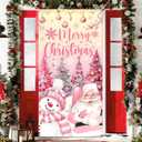 Merry Christmas Door Cover Pink Christmas Decorations, Santa Claus Door Hanging Banner Pink Christmas Snowman Backdrop Banner for Home Front Door Holiday Xmas Party