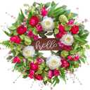 Pinkpuii Spring Wreaths for Front Door Outside 24 Inch Spring Summer Wreath with Vibrant Pink Peony,Tulip & White Rose Flowers and Hello Wooden Sign,Ideal for Farnhouse Porch,Wall,Window Dcor