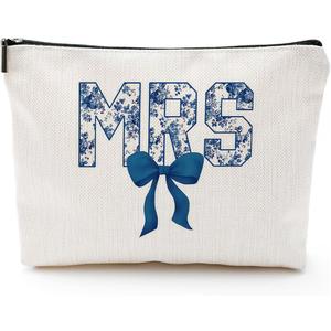 MRS Makeup Bag Blue and White Canvas Cosmetic Pouch  Bride Gift for Wedding, Engagement, Honeymoon, Bridal Shower, Travel Toiletry Bag
