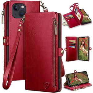 XcaseBar Compatible with iPhone 13 6.1" Wallet case with Zipper Credit Card Holder【RFID Blocking】,Flip Folio Book PU Leather Phone case Shockproof Cover Men Women for Apple 13 case Red