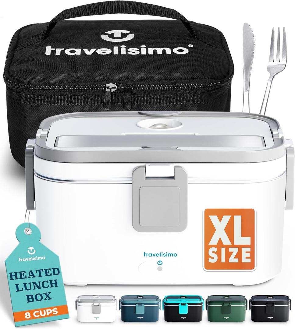 TRAVELISIMO Extra-Large Electric Lunch Box For Adults Holds up to 8 Cups - 80W Heated Lunch Box For Men 1.8L, Portable Food Warmer for Travel & Work, Loncheras Electricas Para Calentar Almuerzo (Gray)