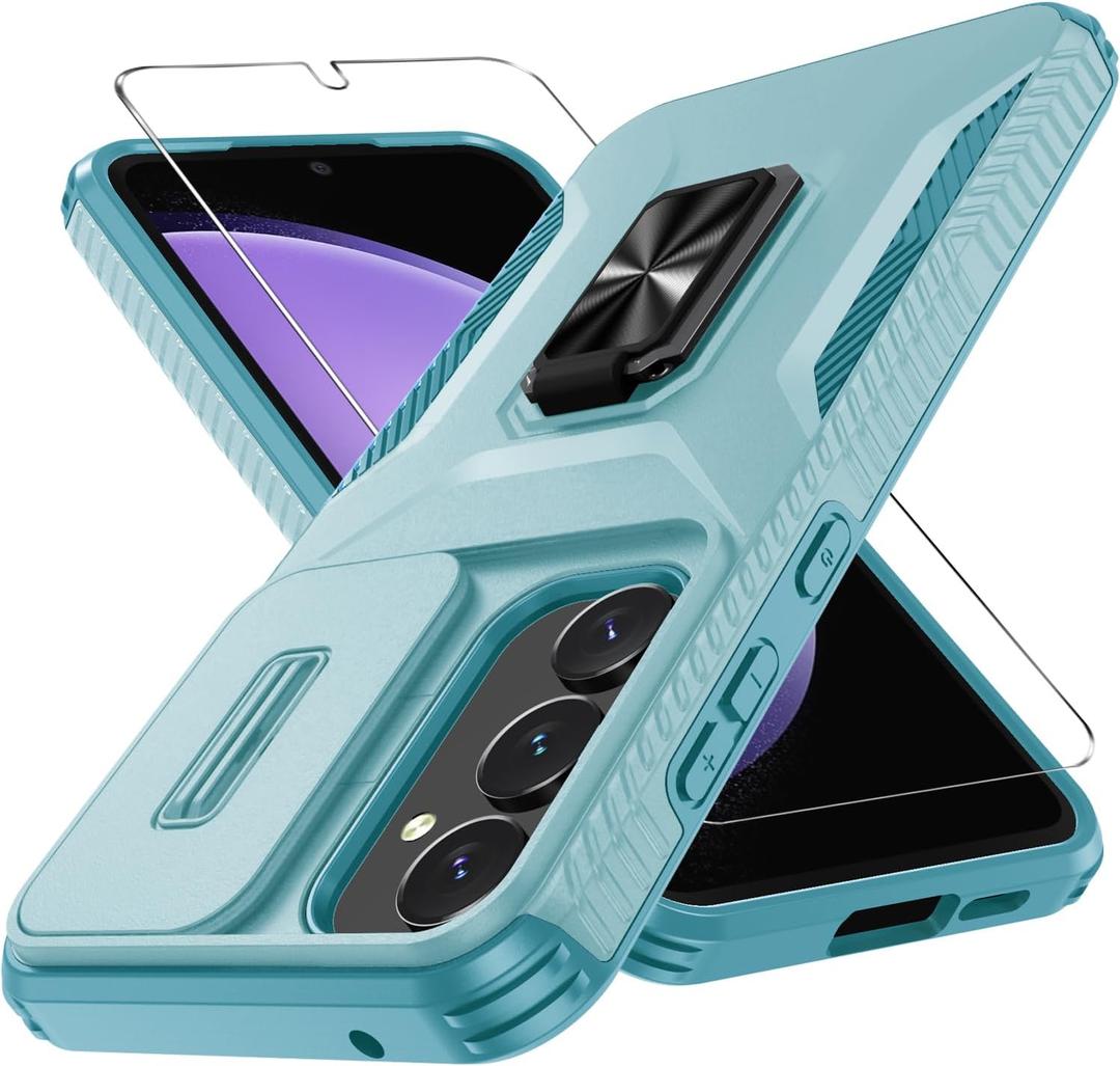 Compatible with Samsung Galaxy S24 FE 5G Case with Slide Camera Cover+Screen Protector+Metal Rotated Kickstand,Tough Hybrid Heavy Duty Shockproof Protective Phone Cover,2024 Mint Green