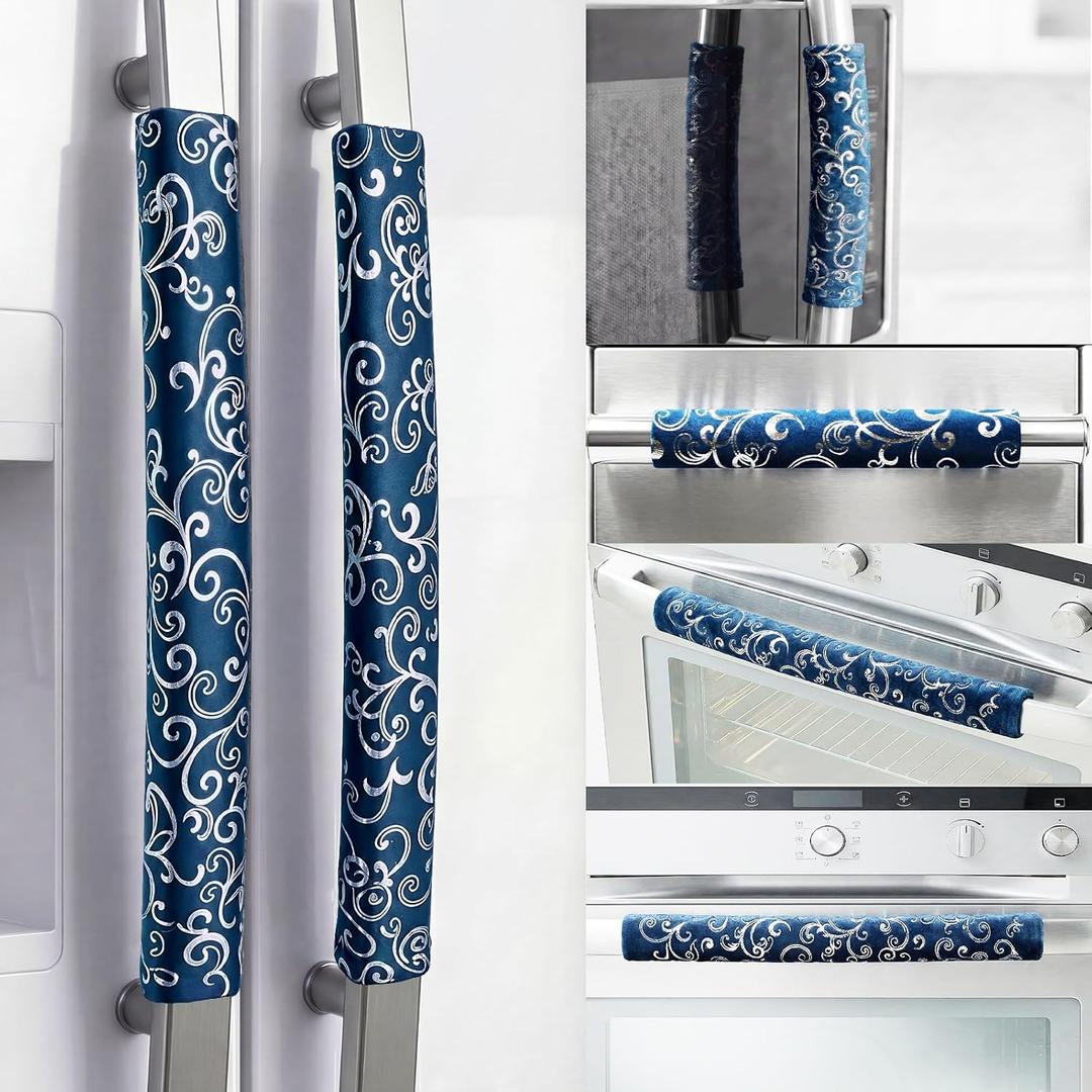 Volecy Refrigerator Handle Covers, Set of 6, Washable Velvet Appliance Door Handle Covers, Adjustable Handle Protectors, Kitchen Decor Keep Clean for Fridge Oven Stove Microwave Dishwasher(Navy Blue)
