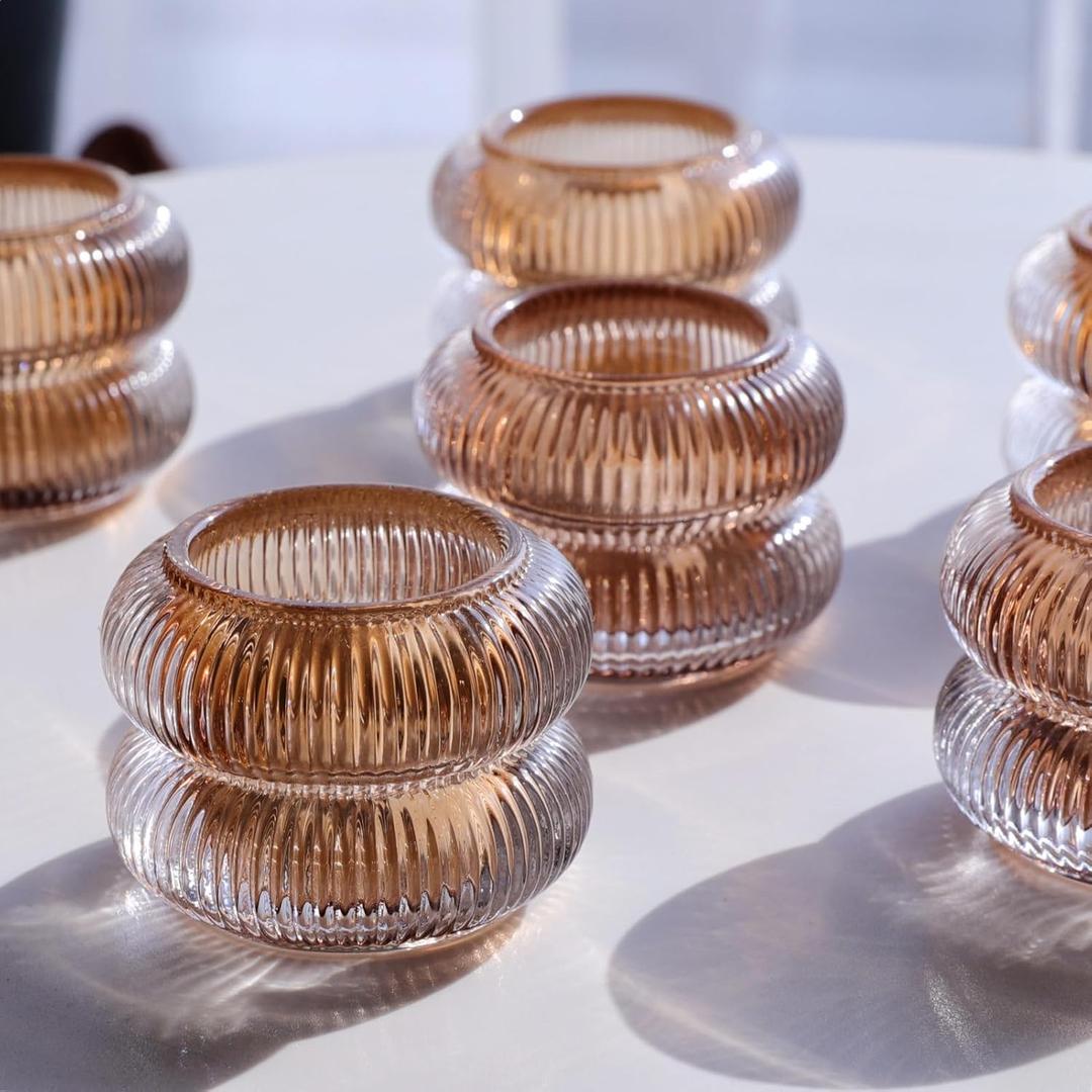 Woho Ribbed Votive Candle Holders Set of 6 for Wedding Table, Amber Tealight Candle Holder Glass for Home Decor, Vintage Tea Lights Candle Holder for Thanksgiving/Fall Decor(Brown, 2.1" H X 2.75" D)