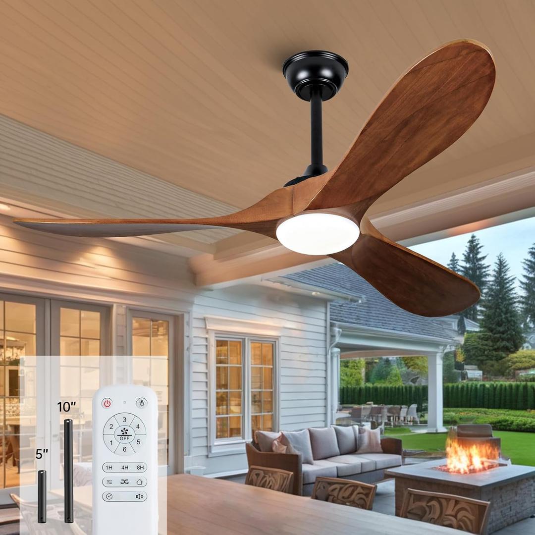 52 Inch Ceiling Fans with Lights and Remote, Solid Wood Indoor/Outdoor Ceiling Fans for Patios, Memory Function, Quiet DC Motor High CFM, Propeller 3 Blades for Porch, Farmhouse, Walnut