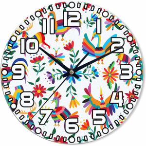 Animals Mexican Wall Clock Battery Operated Flowers Bird Spring Colorful Traditional Clip Art Wall Clock Silent Non-Ticking Quality Quartz 10 Inch Round Easy Clock to Read for Home Office