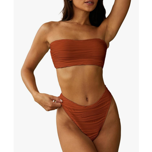 ZAFUL Women Strapless Textured Bandeau Bikini 2 Piece Swimwear Cheeky Solid Lace up Bathing Suits Size XL