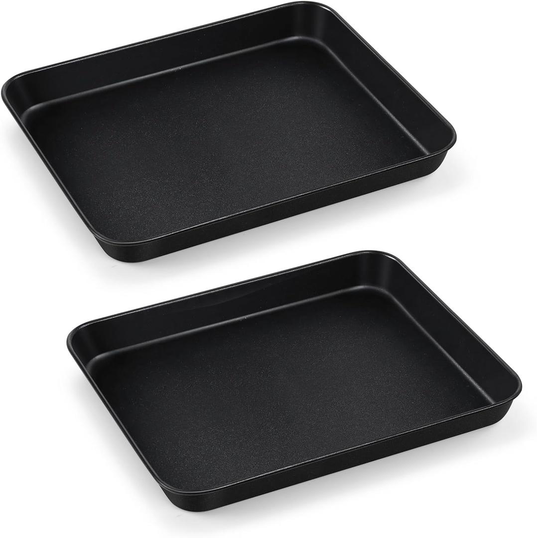 TeamFar Toaster Oven Pans, 10.5 x 8 x 1 Inch Carbon Steel Baking Pan Tray for Compact Ovenware, Non-Toxic & Non-Stick, Roll Edge & Easy Clean, 2 PCS