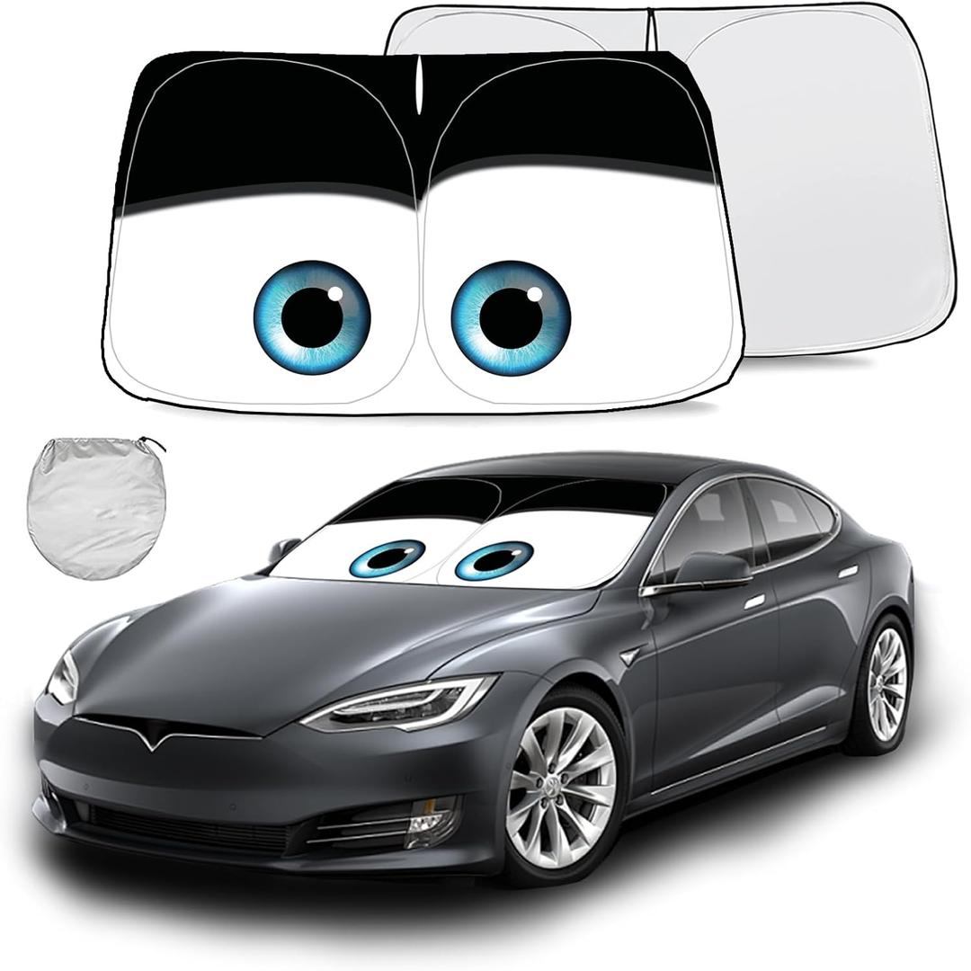 Gven Windshield Sun Shade for Tesla Model Y/3 Accessories 2025 Car Front Window Shade 100% Blackout Dual-Sided UV Protection (Black Eyes)