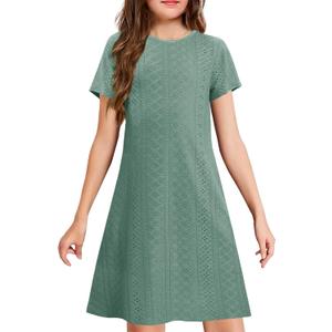 YOVION Girls Summer Dress Eyelet A-Line Casual Beach Swing Dresses 6-12 Y | Breathable fabric, Not see through lining, School Short sleeve dress with pockets for easter church vacation birthday party (Green)