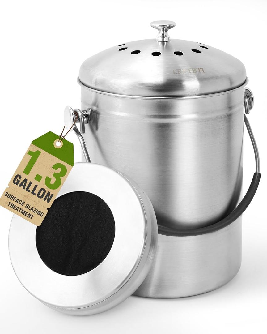 Countertop Compost Bin Kitchen with Lid and 2 Charcoal Filter for Odorless Composting | Stainless Steel Kitchen Composter with Soft-Grip Handle (Silver, 1.3 Gallon)