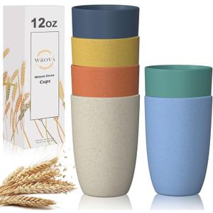 Wrova Wheat Straw Cups 6 PCS Good Alternative to Plastic Reusable Cups 12 oz Unbreakable Drinking Cup Reusable Dishwasher Safe Water Plastic Glasses with 6 Colors (Orange,Light Blue,Yellow,Beige,Green,Navy Blue)