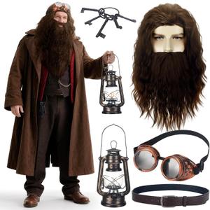 5 Pcs Wizard Party Costume Halloween Cosplay Wizard Brown Wig and Beard Retro Steampunk Goggles Glasses for Men Halloween