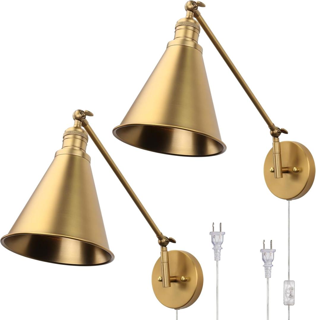 PERMO Wall Sconce Set of 2 Plug in Metal Wall Sconces Swing Arm Wall Light with Flared Metal Shade for Bedside Bedroom (Antique Gold)
