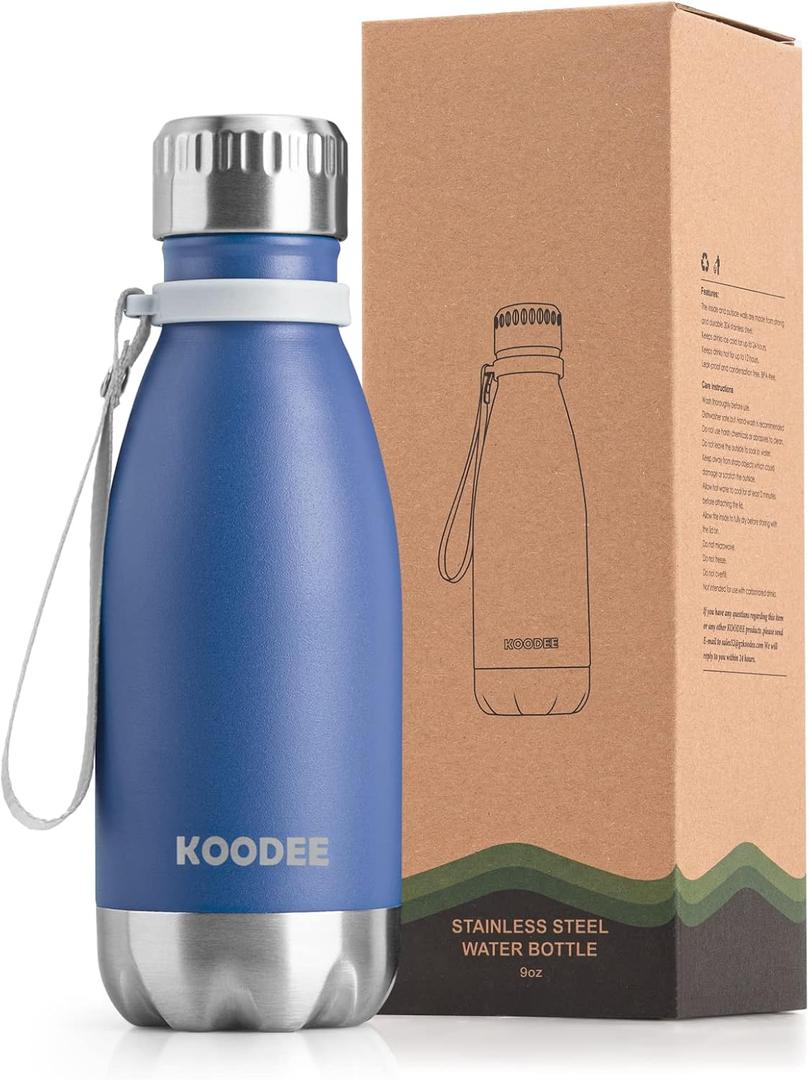 koodee Small Water Bottle 9 oz Stainless Steel Insulated Water Bottle Double Wall Vacuum Leak Proof Cola Shape Metal Sports Water Bottles (Royal Blue)