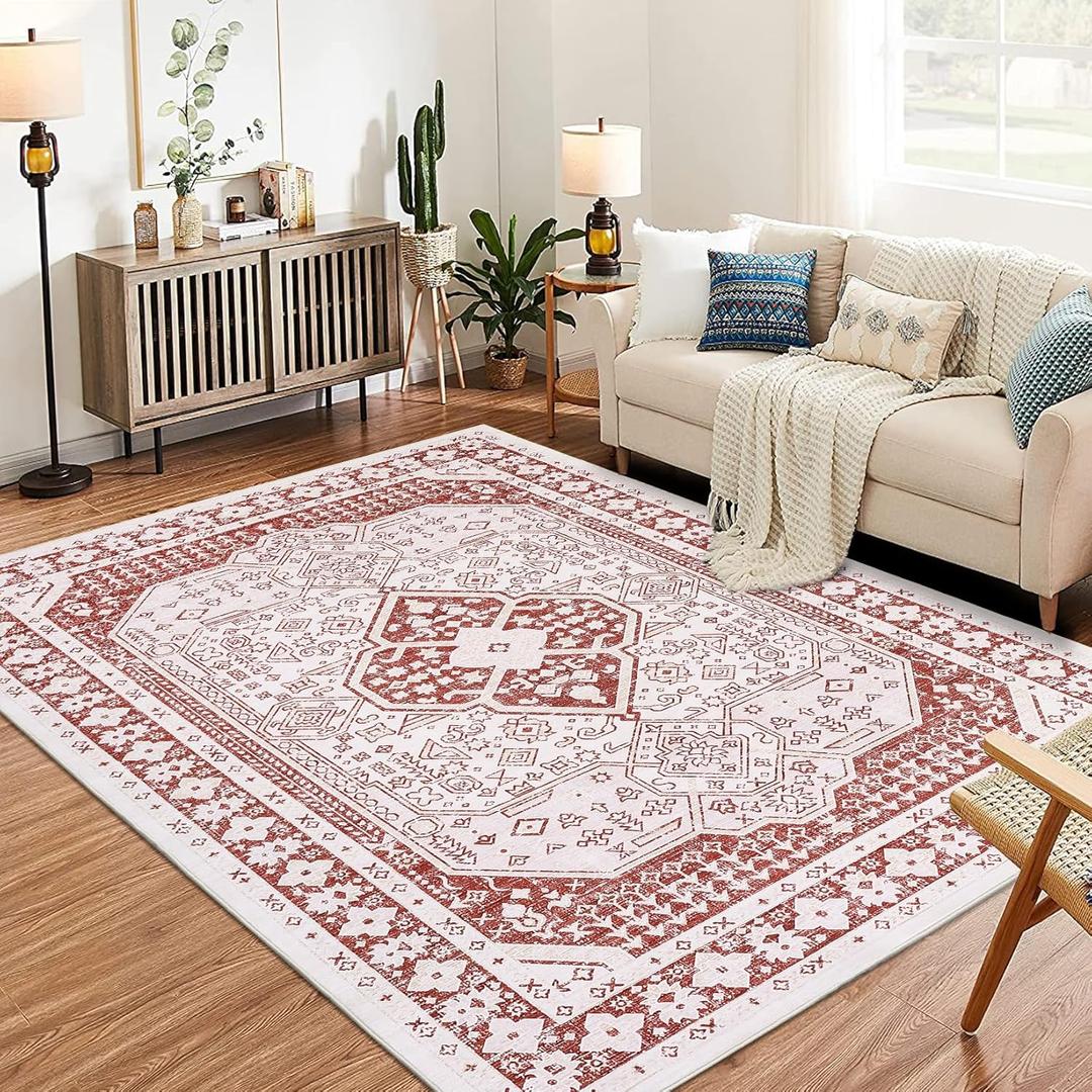 Washable Bordered Area Rugs for Living Room, 8x10 Ultra-Thin Large Area Rug, Stain Resistant No Slip Vintage Moroccan Soft Carpet for Bedroom Dining Room, Rusty Red