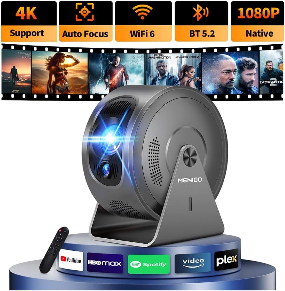 Mini Projector 4K 1080P [Built-in Apps] 2026 Upgraded Projector Portable, Auto Focus & Auto Keystone 360 Rotatable, with WiFi 6 & Bluetooth 5.4 Compatible with HDMI/TV Stick/USB/Laptop, Grey