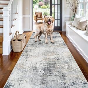 Non Slip 3x7 Rug Runner: Washable Abstract Neutral Rugs for Hallway Kitchen Entryway - Low Pile Stain Resistant Soft Thin Indoor Runners for Elderly Kids Pets Family - 3x7 Blue Grey