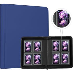 Toploader Binder,4-Pocket Double Sided Top Loaders Binder,Holds 128 Cards in 3"x4" Toploaders,PU Leather Card Binder Abulm for Toploader Trading,Sports,and Gaming Cards (Blue)