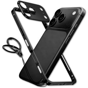 chubbycable ChubbyArmor LiteGo - Ultra-Thin Metal Heat Dissipation Evolved Case with Lens Protector & GripRing Phone Stand for iPhone 17 Pro, Black