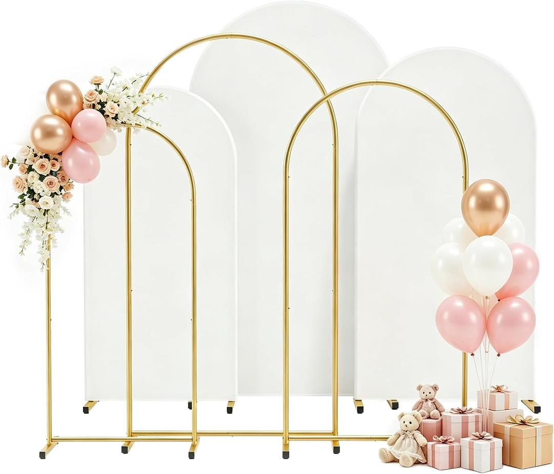 Arch Backdrop Stand and Cover Set 7.2FT/6.6FT/6FT, Gold Wedding Arch Frame with White Arch Cover Stretchy Spandex Wrinkle-Resistant, Wedding Arches for Ceremony Birthday Party Baby Shower