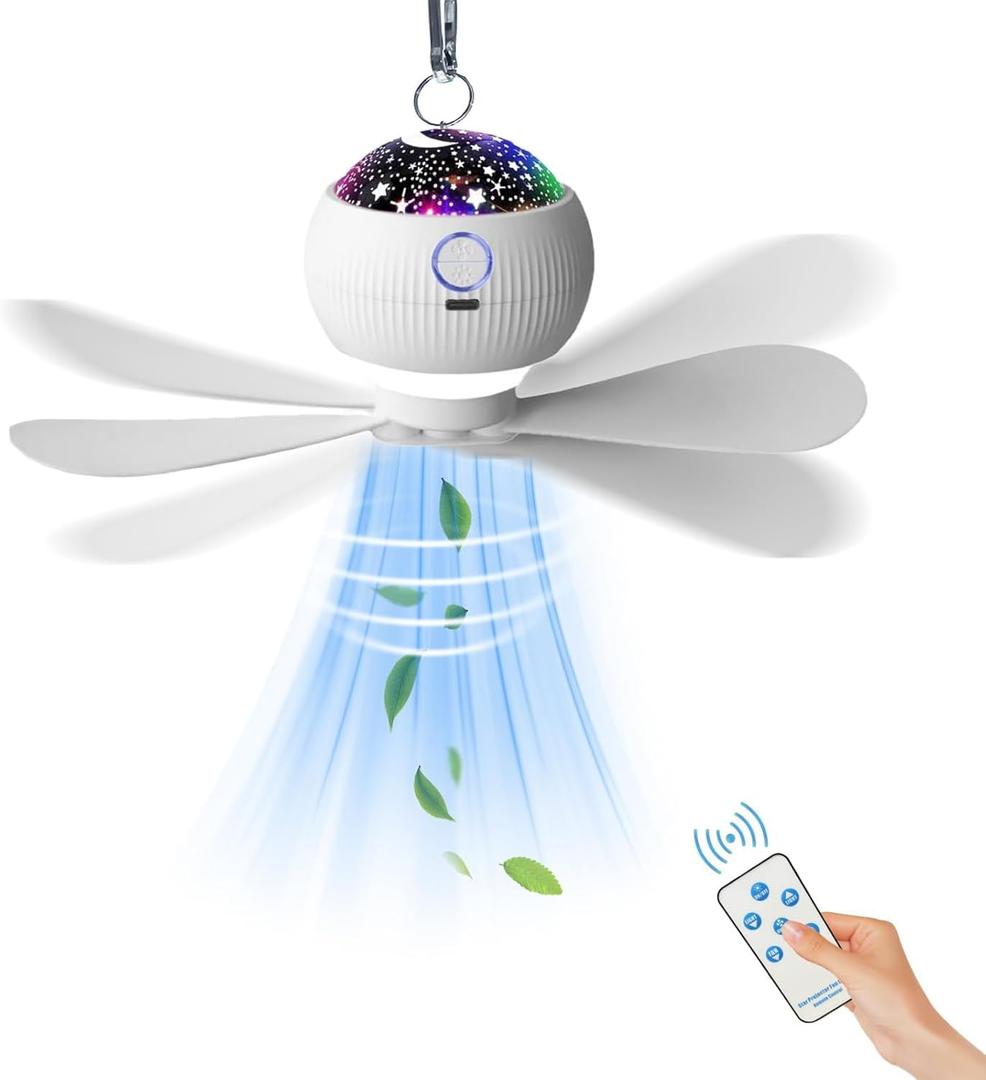 Portable Camping Fan with Lights & Starry Projection, LED Hanging Tent Fan with Remote & Timer, 3600mAh Rechargeable Battery Ceiling Fan for Car RV Survival Kit Camping Essentials(Fit 1-2 Person)