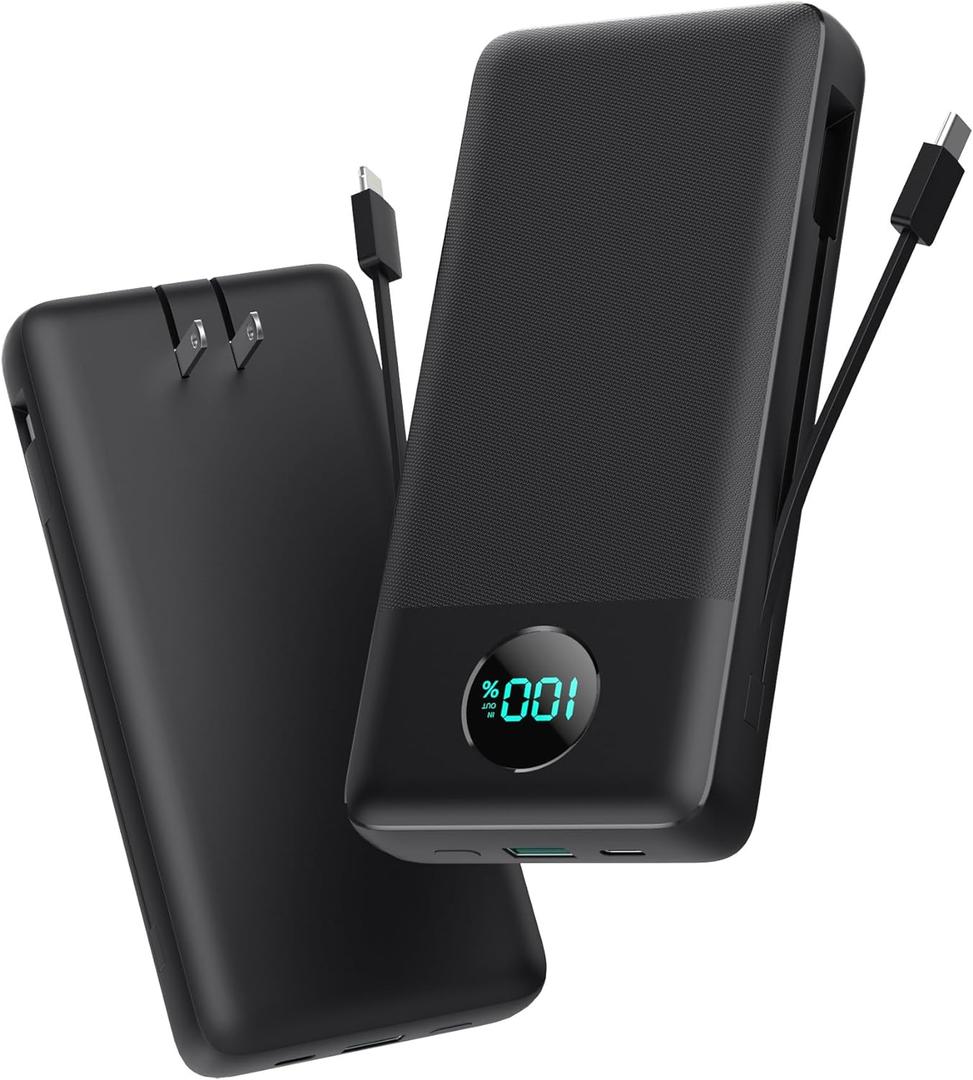 Portable Charger 33800mAh USB C Power Bank with Built-in Cables & AC Wall Plug, 25W Fast Charging+QC 4.0 Phone Charger, 4 Output LCD Display Battery Pack Compatible with iPhone16/ 15, Samsung, Android etc