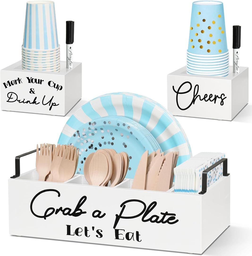 Paper Plate Holders with 2 Cup Holders and 2 Markers, Wood Utensil Holder for Party, Kitchen Paper Plate Dispenser for Counter, Disposable Plate Organizer, Silverware Holder for Cup, Plate, Napkin