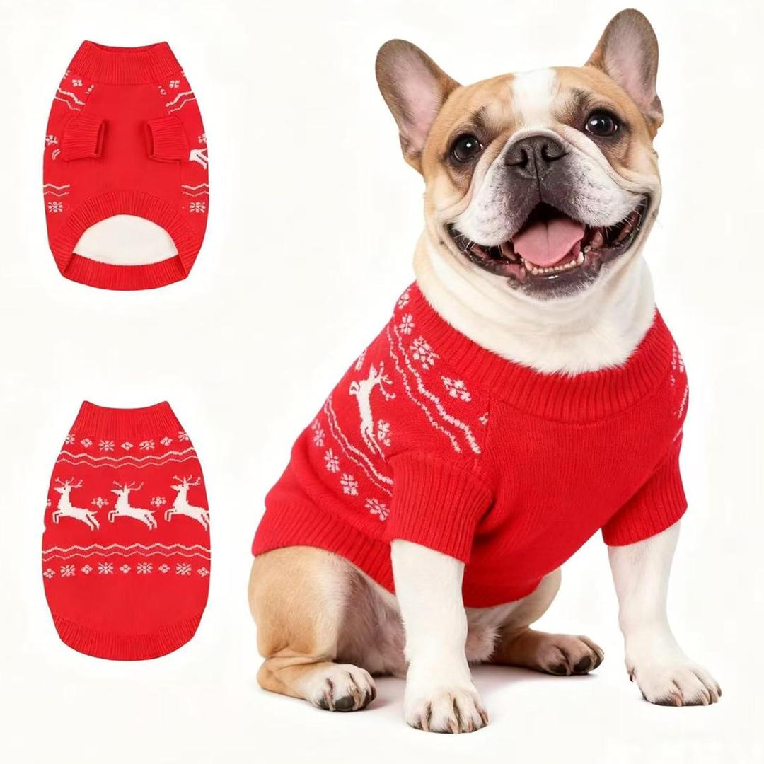 Christmas Small/Medium Dog Sweater, Warm Dog Winter Coat w/Sleeves & Leash Hole, Comfy Stretch Premium Dog Clothes for Bulldog-Best for Holidays, Daily Walks L Red