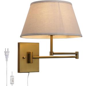Vintage Fabric Plug-in Cord Wall Sconce with Linen Cloth Shade | Swing Arm, Adjustable, with on/Off Switch, Brass Gold Wall Mounted Lamp, for Bedside Bedroom Living Room, Indoor Home Decor