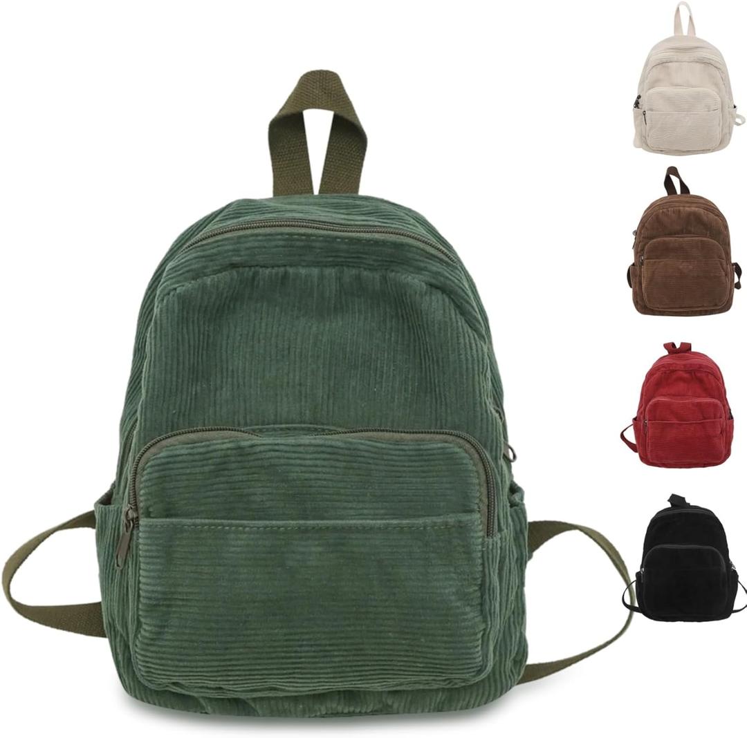 Teclado Corduroy Backpack Plain Small Casual Bookbags Travel Daypacks (Green)