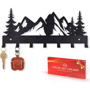 Metal Wall Key Holder with 7 Hooks - Black Organizer Rack Hanger, Wall Mount for Living Room Decor - Housewarming New Home Gifts (12" x 4.7" x 0.6") (Mountain)