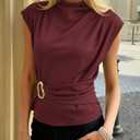 PRETTYGARDEN Women Blouses Spring Dressy Cap Sleeve Mock Neck Work Shirts Buckle Tunic Summer Business Casual Tops 2026 (L)