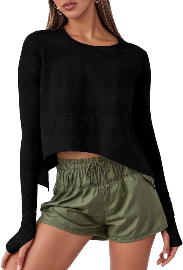 Aurgelmir Womens Long Sleeve Cropped Tops Loose Workout Athletic T-Shirts Flowy Sweatshirt for Yoga Tiered Hem Gym Tees (Medium, Black)