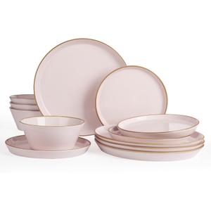 Famiware Saturn Dinnerware Sets, Plates and Bowls Sets for 4, 12 Pieces Stoneware Dish Set - Chip and Scratch Resistant, Microwave and Dishwasher Safe Tableware Set, Light Pink with Rim
