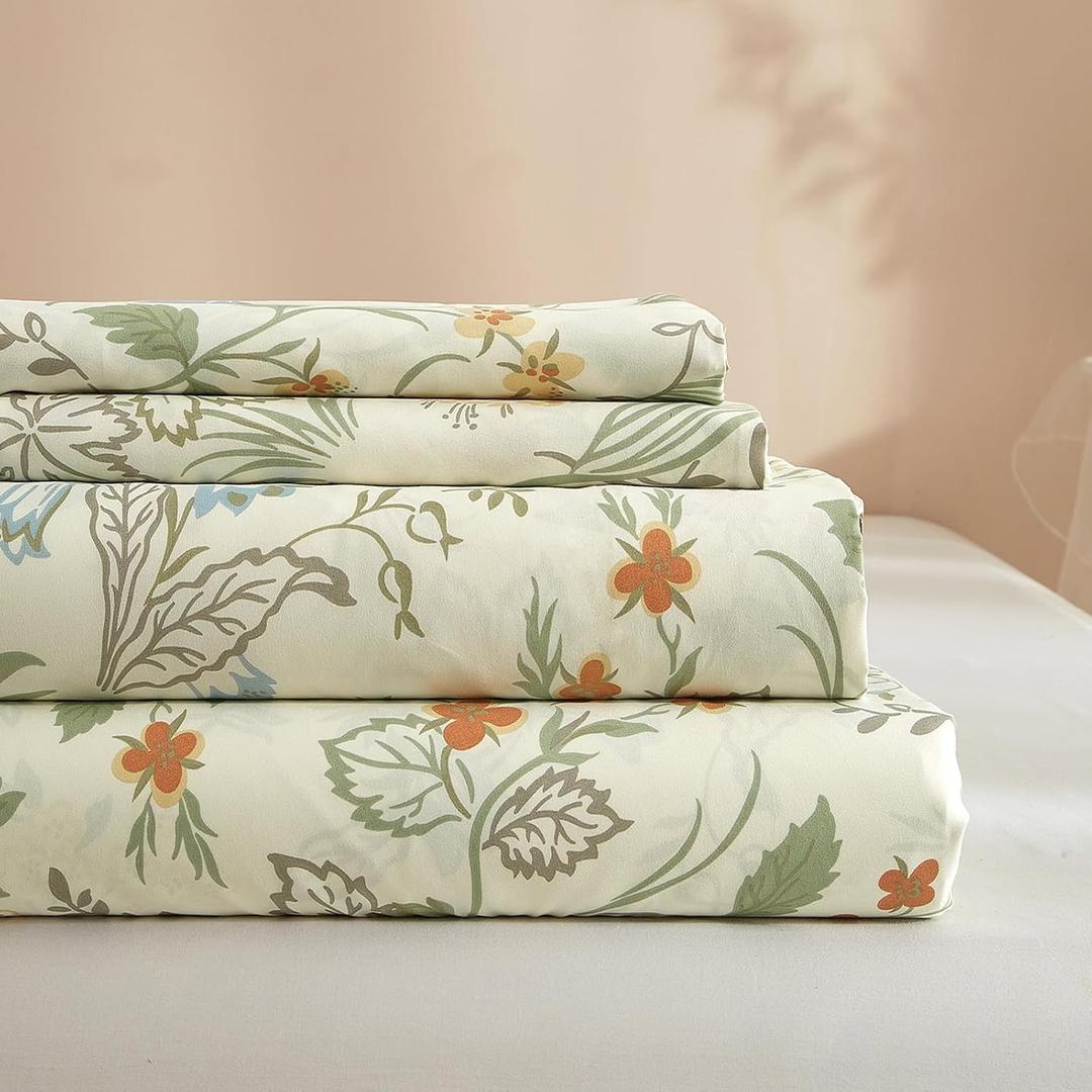 HighBuy Twin Size Sheets 3 Piece Bed Sheet Sets,Vintage Green Floral Sheets Twin Bed Sheet Set Cooling 16" Deep Pockets Easy Fit,Boho Flat Sheet for Twin Size Bed,All Season,Ultra Soft