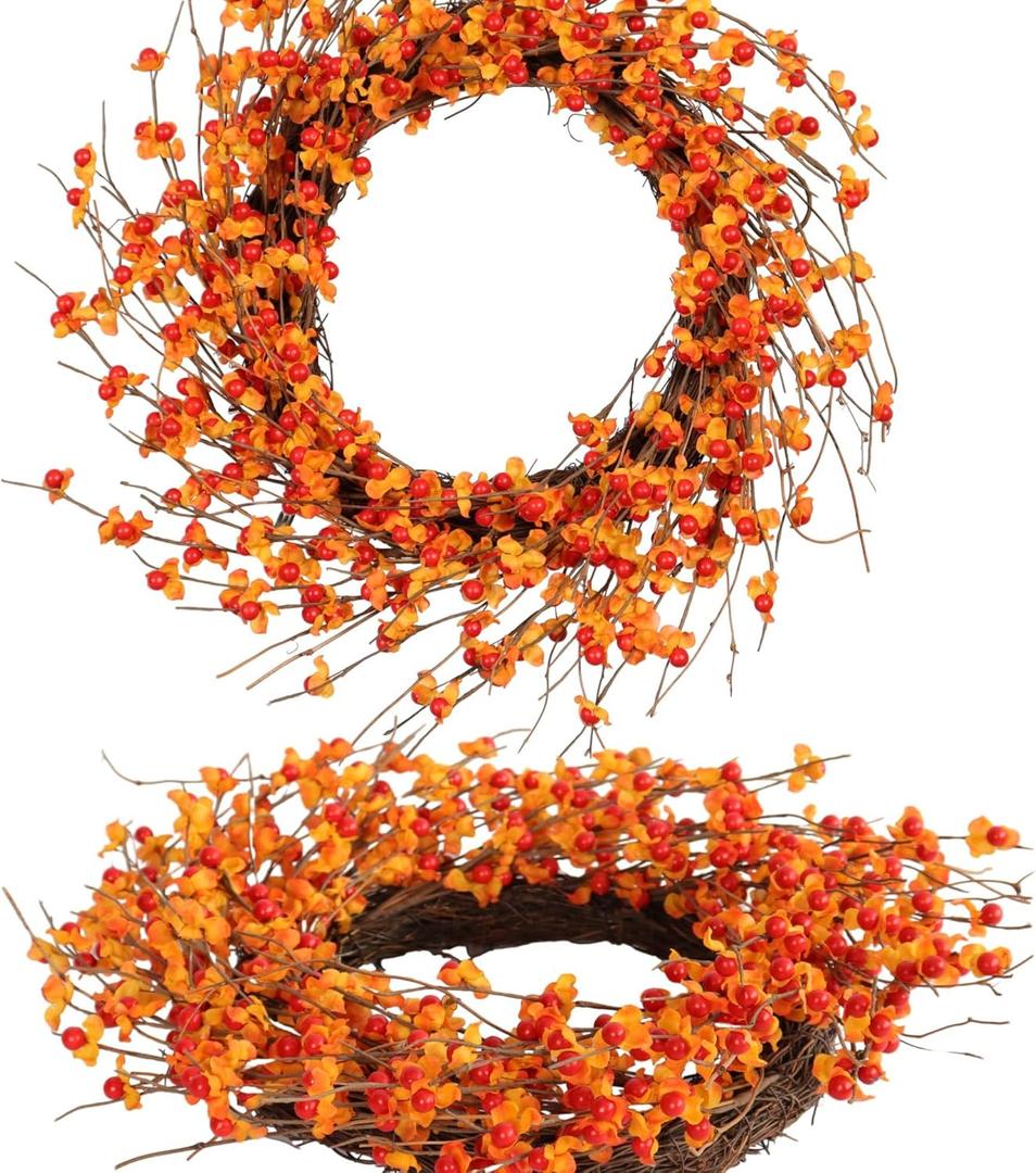 Autumn Bittersweet Wreath 22 inch - Handcrafted Fall Harvest Front Door Decoration Artificial Orange Berries and Yellow Leaves, Perfect for Thanksgiving, Halloween, and Outdoor Home Dcor